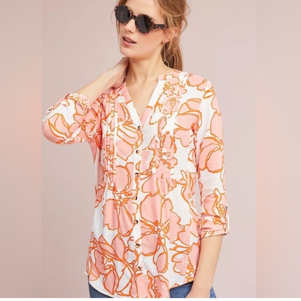 Anthropologie Maeve Floral Pin-Tucked Button Down Blouse Orange Size Medium